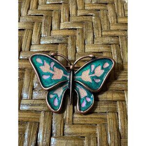 Vintage Copper Enamel Butterfly Brooch Pin Greens
